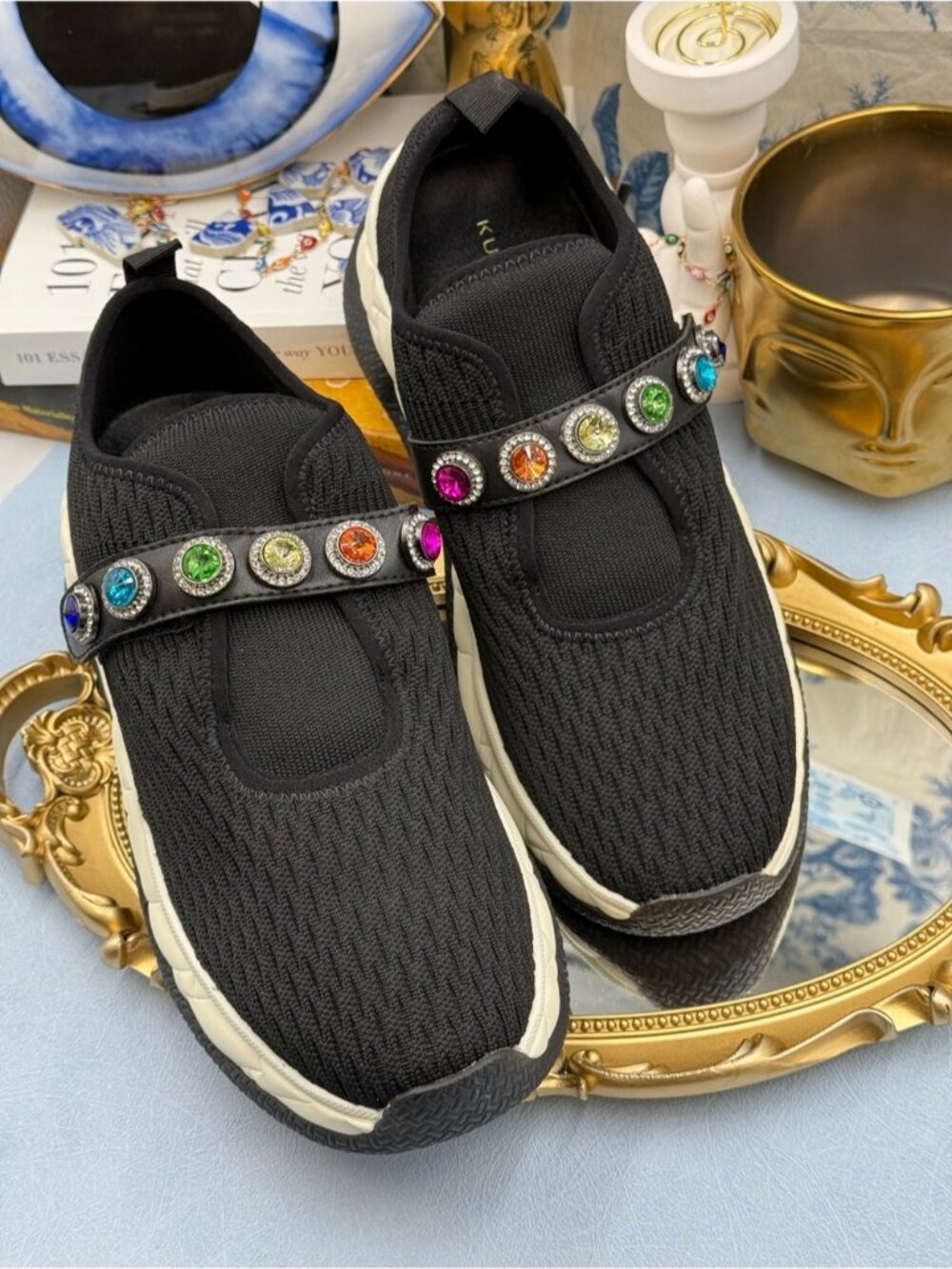 🆕 KURT GEIGER LONDON 🧿 NWOB Knit Rainbow Jewel Sneakers, Black - Sz 40.5 US9.5 - Picture 8 of 14